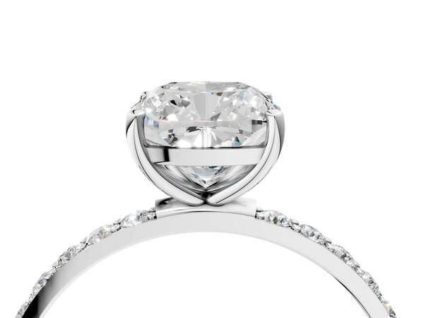 White gold Cushion Cut Diamond Pavé Band Solitaire Ring with Four-Prong Setting_112