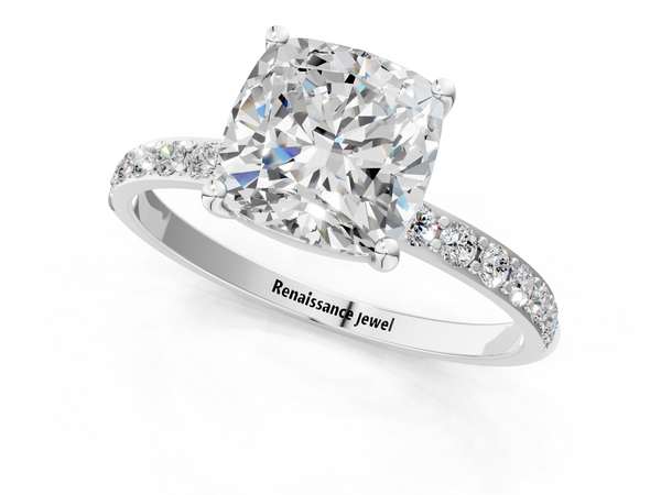White gold Cushion Cut Diamond Pavé Band Solitaire Ring with Four-Prong Setting_37