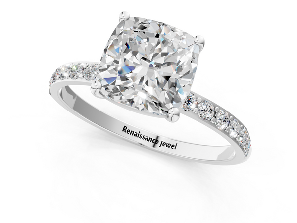 White gold Cushion Cut Diamond Pavé Band Solitaire Ring with Four-Prong Setting_43