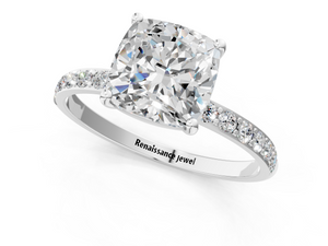White gold Cushion Cut Diamond Pavé Band Solitaire Ring with Four-Prong Setting_43