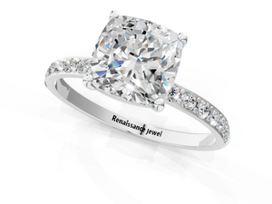White gold Cushion Cut Diamond Pavé Band Solitaire Ring with Four-Prong Setting_49