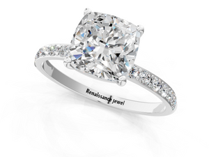 White gold Cushion Cut Diamond Pavé Band Solitaire Ring with Four-Prong Setting_73