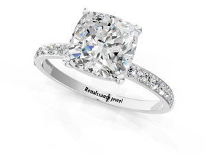 White gold Cushion Cut Diamond Pavé Band Solitaire Ring with Four-Prong Setting_91