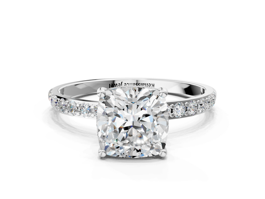 White gold Cushion Cut Diamond Pavé Band Solitaire Ring with Four-Prong Setting