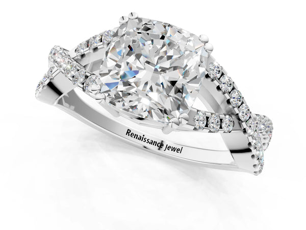 White gold Cushion Solitaire Twist Band with Pavé Setting and Four-Prong Setting_25