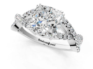 White gold Cushion Solitaire Twist Band with Pavé Setting and Four-Prong Setting_31