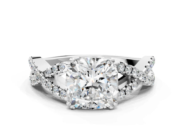 White gold Cushion Solitaire Twist Band with Pavé Setting and Four-Prong Setting_36