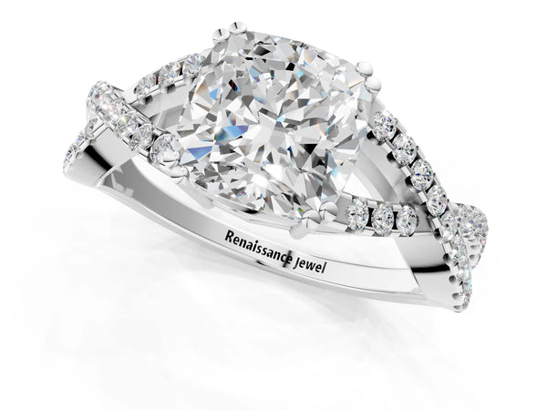 White gold Cushion Solitaire Twist Band with Pavé Setting and Four-Prong Setting_49
