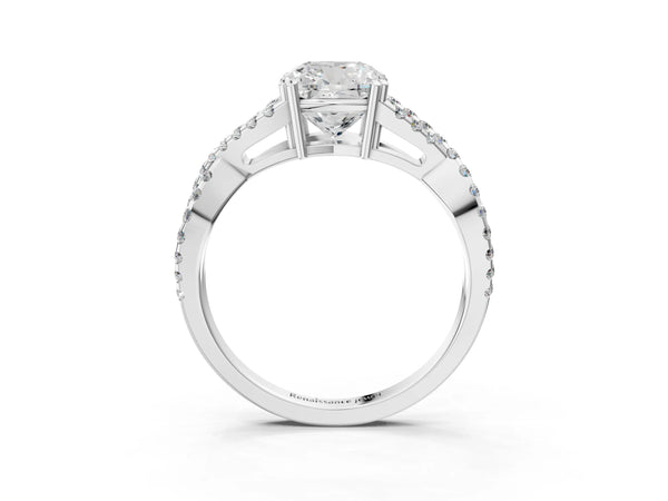 White gold Cushion Solitaire Twist Band with Pavé Setting and Four-Prong Setting_57