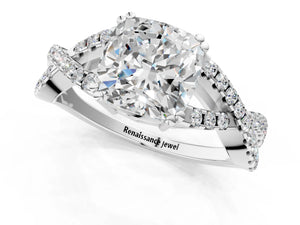 White gold Cushion Solitaire Twist Band with Pavé Setting and Four-Prong Setting_67