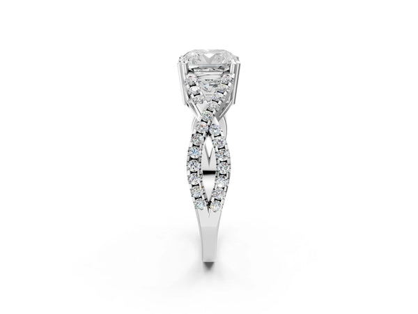 White gold Cushion Solitaire Twist Band with Pavé Setting and Four-Prong Setting_80