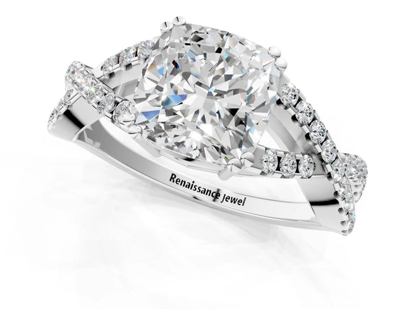 White gold Cushion Solitaire Twist Band with Pavé Setting and Four-Prong Setting_91