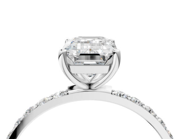 White gold Emerald Cut Diamond Pavé Band Solitaire Ring with Four-Prong Setting_100