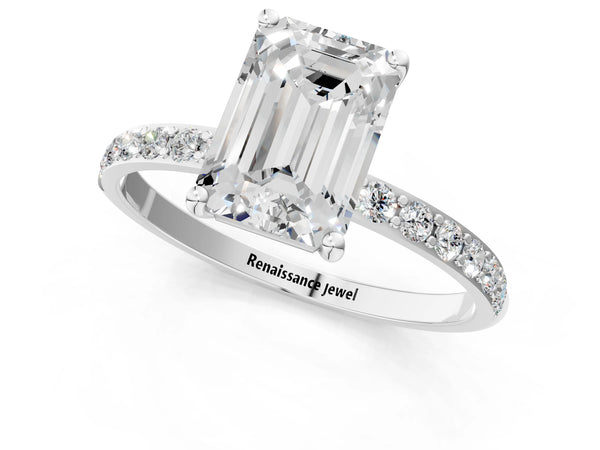 White gold Emerald Cut Diamond Pavé Band Solitaire Ring with Four-Prong Setting_103
