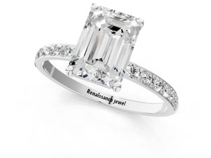 White gold Emerald Cut Diamond Pavé Band Solitaire Ring with Four-Prong Setting_103