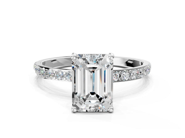 White gold Emerald Cut Diamond Pavé Band Solitaire Ring with Four-Prong Setting_108