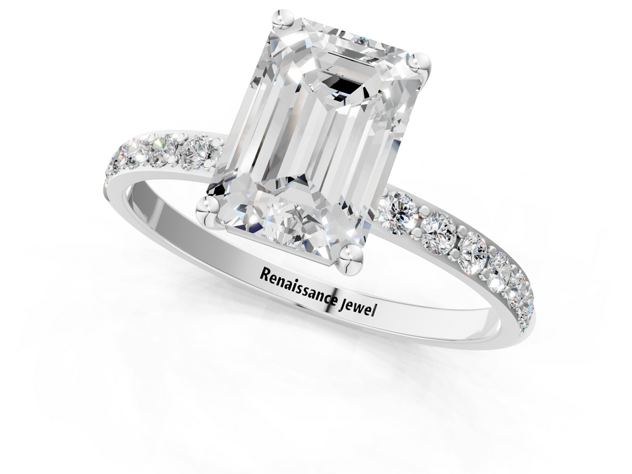 Platinum Emerald Cut Diamond Pavé Band Solitaire Ring with Four-Prong Setting