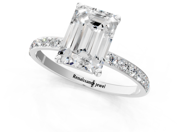 White gold Emerald Cut Diamond Pavé Band Solitaire Ring with Four-Prong Setting_1