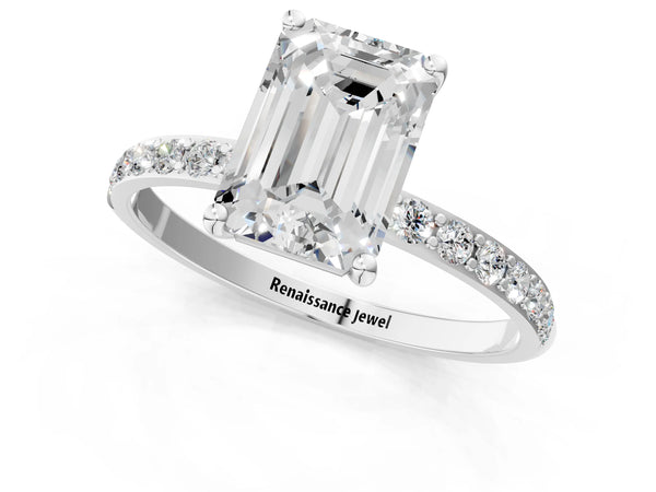 White gold Emerald Cut Diamond Pavé Band Solitaire Ring with Four-Prong Setting_25