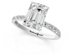 White gold Emerald Cut Diamond Pavé Band Solitaire Ring with Four-Prong Setting_25