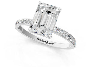 White gold Emerald Cut Diamond Pavé Band Solitaire Ring with Four-Prong Setting_37