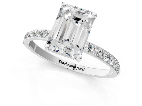 White gold Emerald Cut Diamond Pavé Band Solitaire Ring with Four-Prong Setting_67