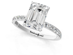 White gold Emerald Cut Diamond Pavé Band Solitaire Ring with Four-Prong Setting_67