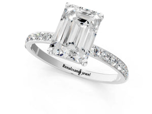 White gold Emerald Cut Diamond Pavé Band Solitaire Ring with Four-Prong Setting_73