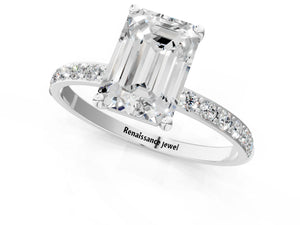 White gold Emerald Cut Diamond Pavé Band Solitaire Ring with Four-Prong Setting_79