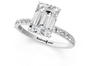 White gold Emerald Cut Diamond Pavé Band Solitaire Ring with Four-Prong Setting_85