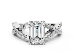 White gold Emerald Solitaire Twist Band with Pavé Setting and Four-Prong Setting_12