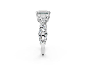 White gold Emerald Solitaire Twist Band with Pavé Setting and Four-Prong Setting_14
