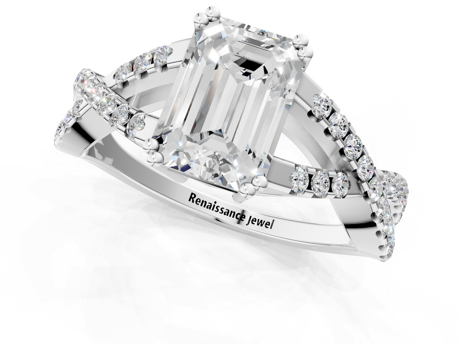 Silver Emerald Solitaire Twist Band with Pavé Setting and Four-Prong Setting