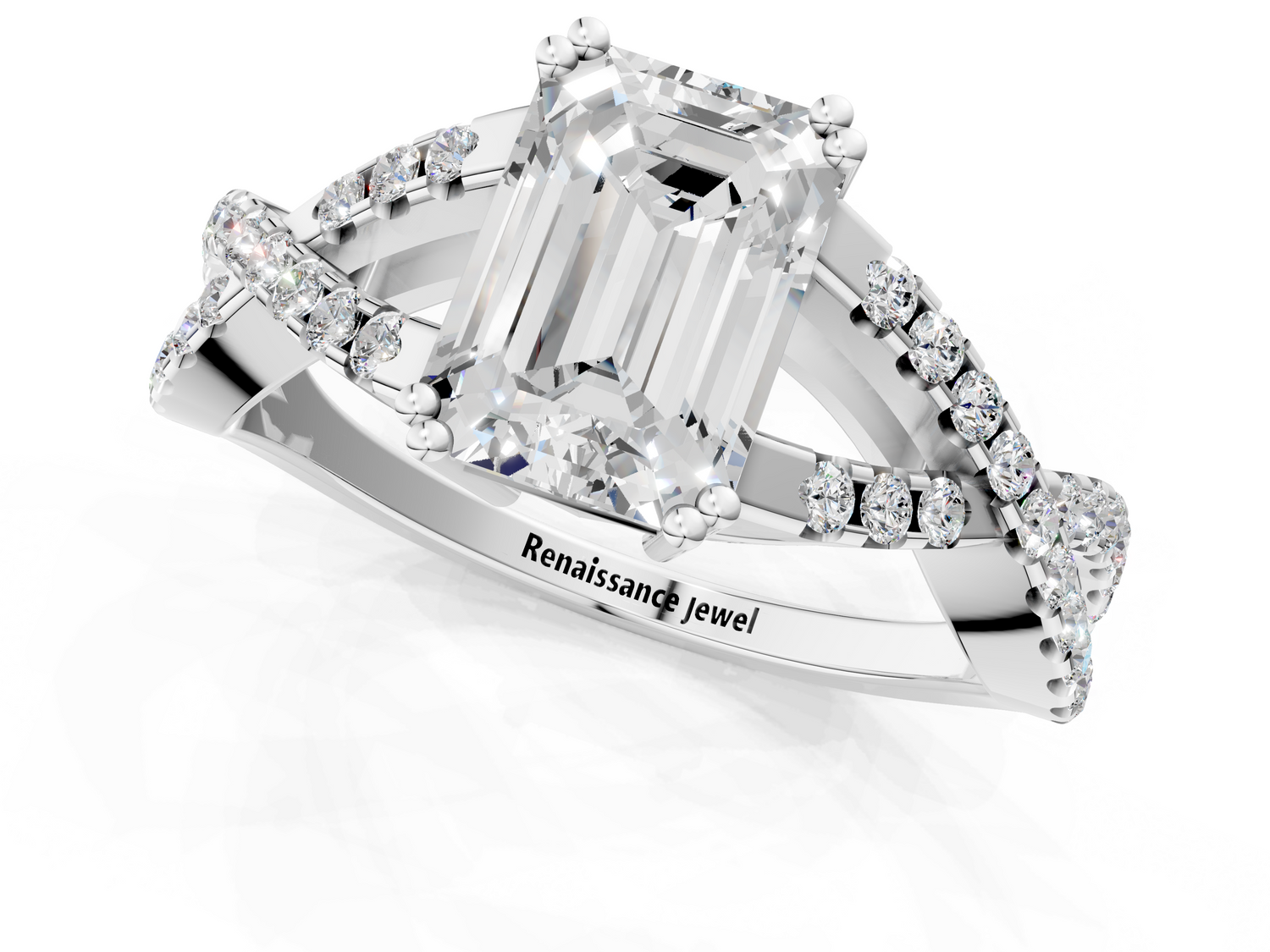 White gold Emerald Solitaire Twist Band with Pavé Setting and Four-Prong Setting_1