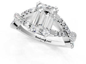 White gold Emerald Solitaire Twist Band with Pavé Setting and Four-Prong Setting_1