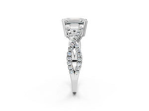 White gold Emerald Solitaire Twist Band with Pavé Setting and Four-Prong Setting_20