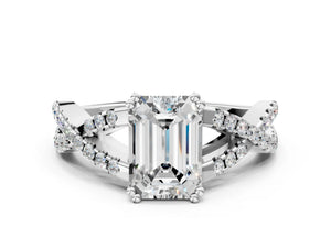 White gold Emerald Solitaire Twist Band with Pavé Setting and Four-Prong Setting_24