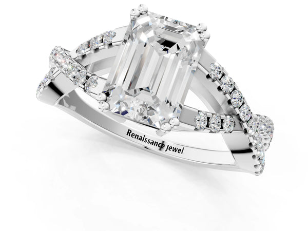 White gold Emerald Solitaire Twist Band with Pavé Setting and Four-Prong Setting_37