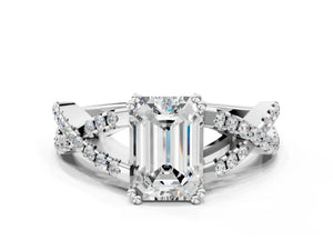 White gold Emerald Solitaire Twist Band with Pavé Setting and Four-Prong Setting_48