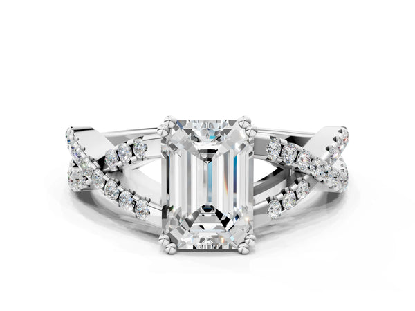 White gold Emerald Solitaire Twist Band with Pavé Setting and Four-Prong Setting_48