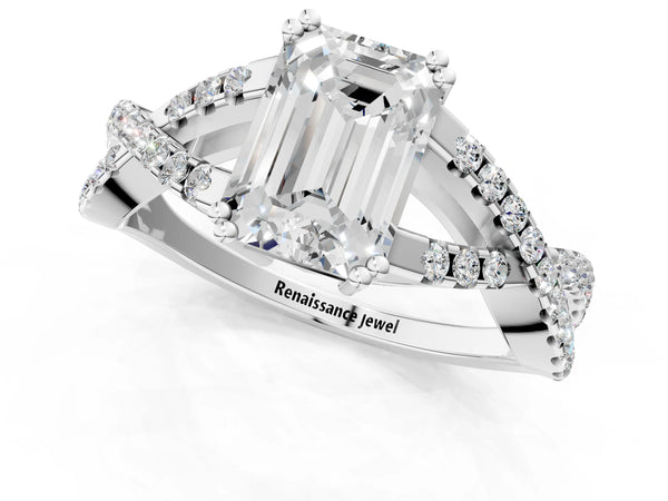 White gold Emerald Solitaire Twist Band with Pavé Setting and Four-Prong Setting_49