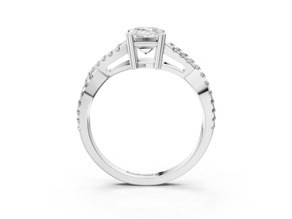 White gold Emerald Solitaire Twist Band with Pavé Setting and Four-Prong Setting_51