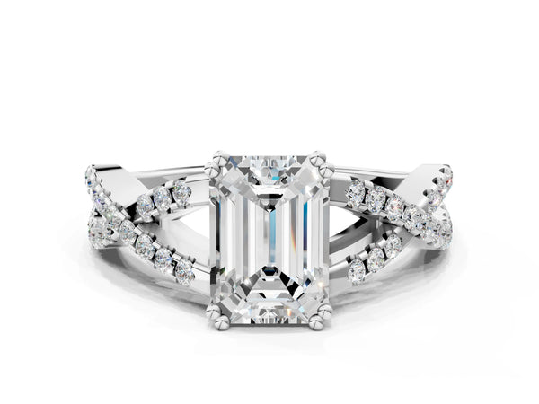 White gold Emerald Solitaire Twist Band with Pavé Setting and Four-Prong Setting_54