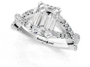 White gold Emerald Solitaire Twist Band with Pavé Setting and Four-Prong Setting_55