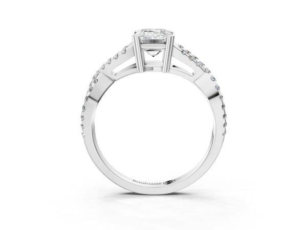 White gold Emerald Solitaire Twist Band with Pavé Setting and Four-Prong Setting_57
