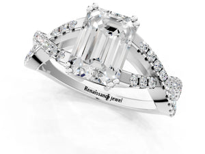 White gold Emerald Solitaire Twist Band with Pavé Setting and Four-Prong Setting_61