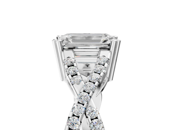 White gold Emerald Solitaire Twist Band with Pavé Setting and Four-Prong Setting_71
