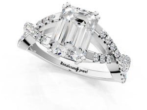 White gold Emerald Solitaire Twist Band with Pavé Setting and Four-Prong Setting_73