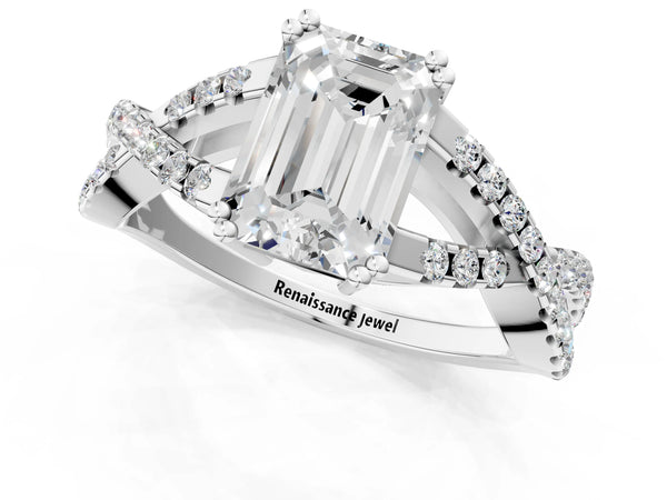 White gold Emerald Solitaire Twist Band with Pavé Setting and Four-Prong Setting_73