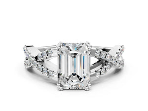 White gold Emerald Solitaire Twist Band with Pavé Setting and Four-Prong Setting_84